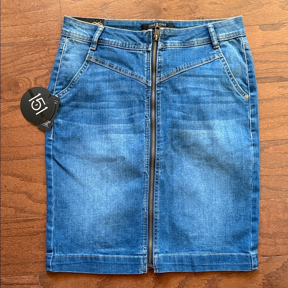 One 5 One Blue Denim Zip-Front Skirt